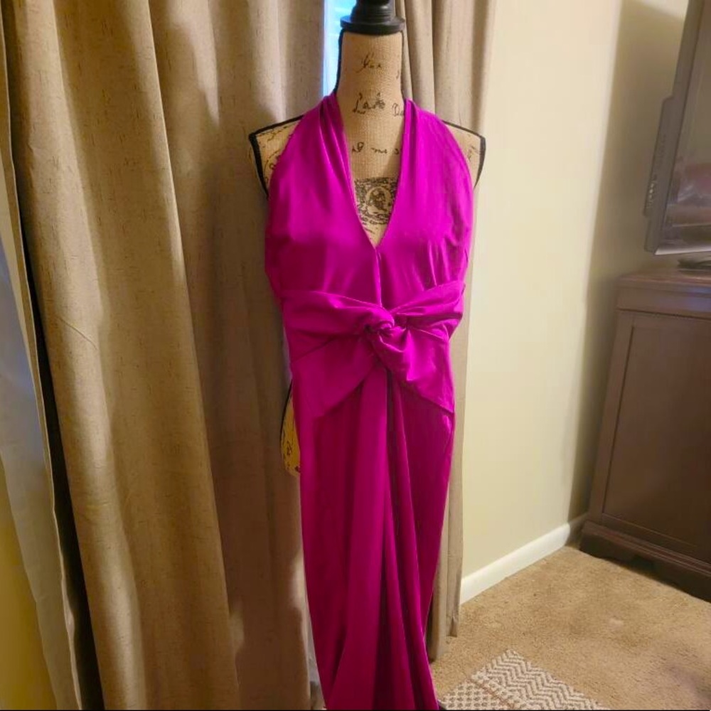 Fuschia ball gown; halter gown and full length.